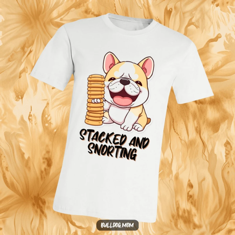 Funny Kawaii Bulldog t-shirt, depicting a dog in a fit of snorting laughter, attempting to balance a wobbly tower of biscuits, pure snack comedy.
