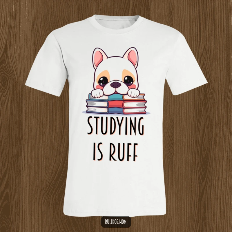 Funny Kawaii Bulldog peeking curiously over a wobbly stack of books, ideal for a humorous graphic tee.