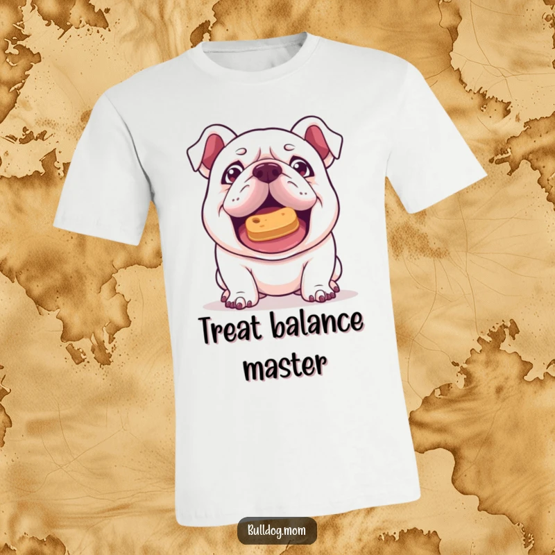 Funny Kawaii Bulldog t-shirt with a mischievous gleam, attempting to balance a treat on its nose, representing cleverness and humor.