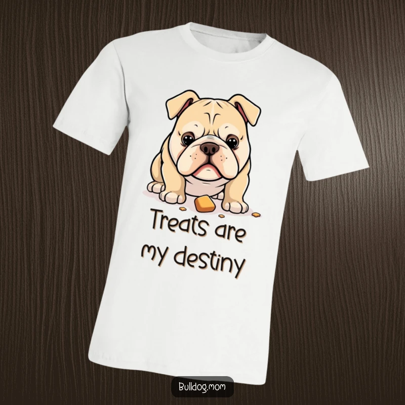 Funny T-shirt showcasing a bulldog intensely staring at a dropped treat, embodying pure focus and desire for snacks.