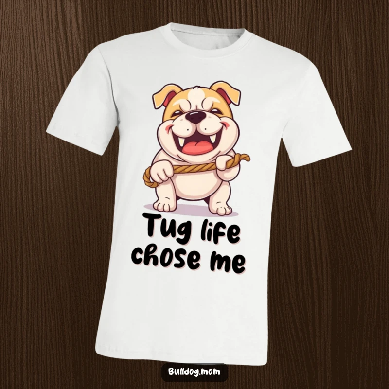 Funny Kawaii Bulldog t-shirt with a happy grunt, playing tug-of-war with a rope, representing fun and energetic play.