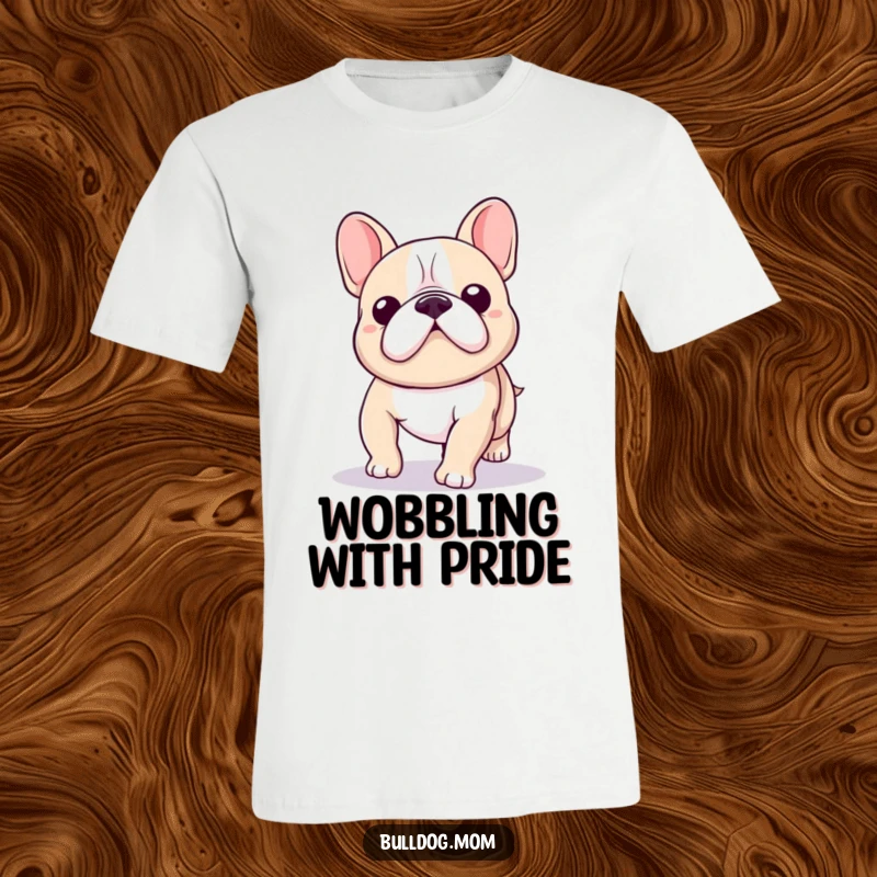 Funny Kawaii Bulldog T-Shirt depicting a cute bulldog having a wobbly, playful walk with endearing charm.