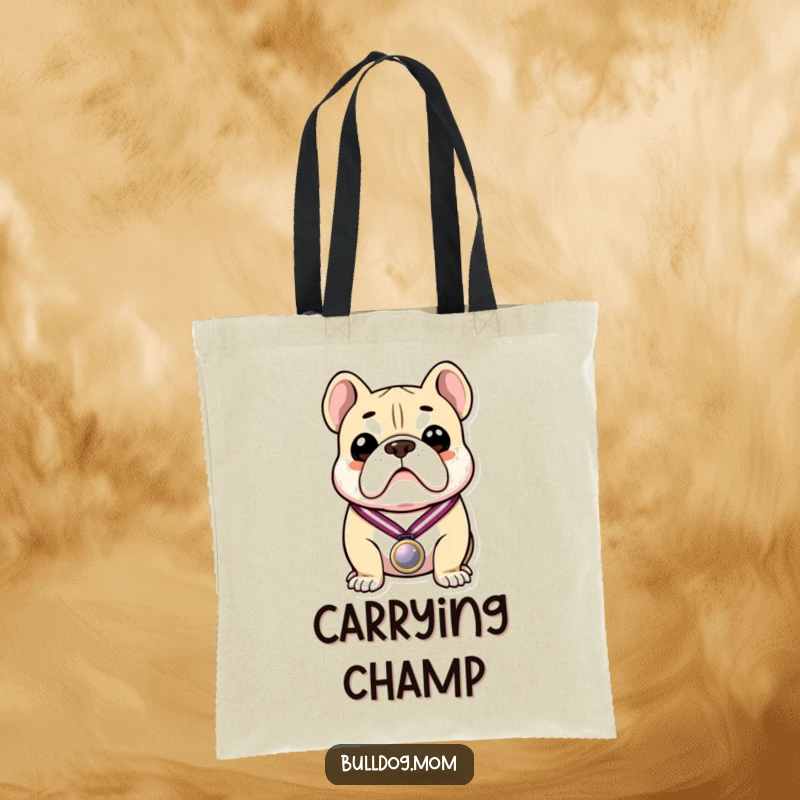 Funny tote bag depicting a proud bulldog holding a medal, ready to carry anything with a triumphant, humorous flair.