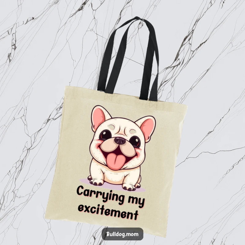 Funny Kawaii Bulldog tote bag featuring a dog panting enthusiastically with its tongue lolling out, ideal for carrying items.