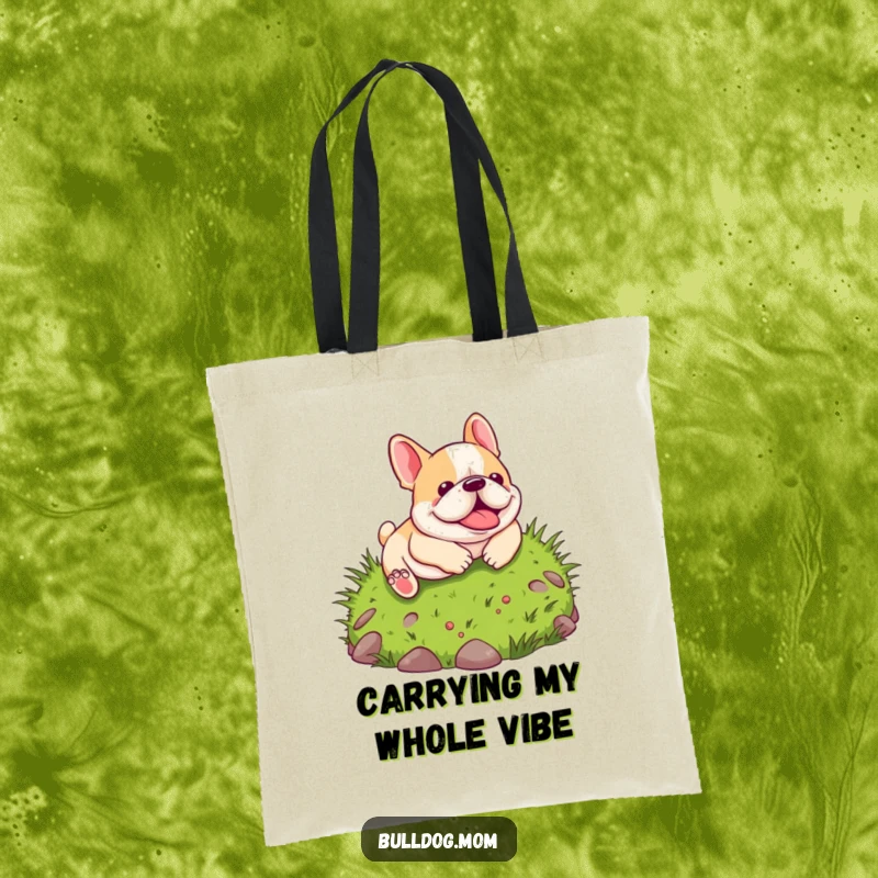 Funny Kawaii Bulldog Tote Bag: A charming cartoon bulldog takes a playful tumble down a green hill, showcasing a moment of pure, uninhibited fun.