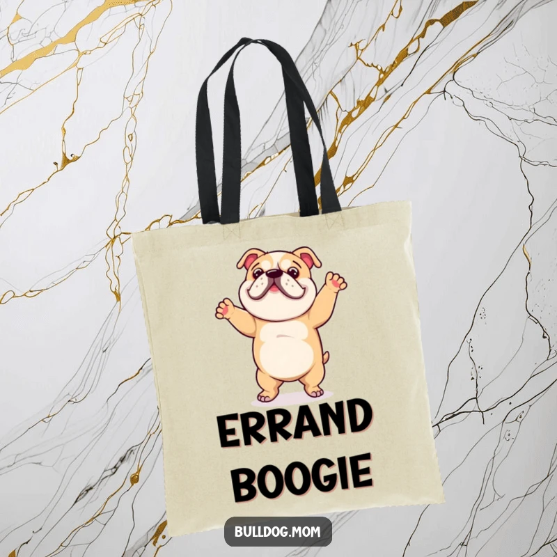 Funny tote bag showing a bulldog in a joyful, clumsy dance, ready to carry your belongings with flair.