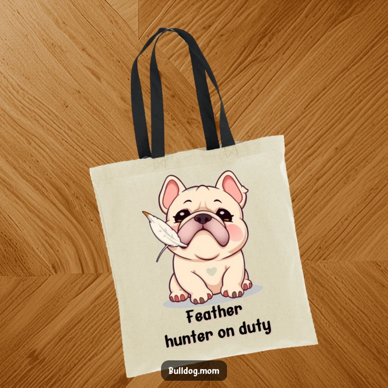 Funny Kawaii Bulldog tote bag with a playful snort, attempting to catch a floating feather, great for errands and fun.
