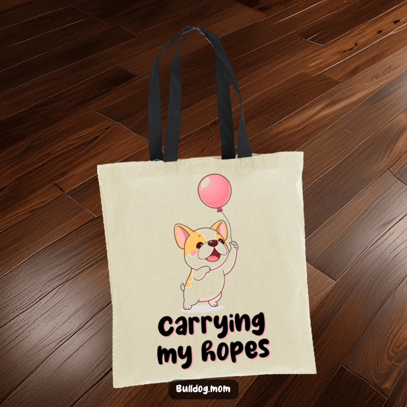 Funny Balloon Bulldog Tote Bag: A happy kawaii bulldog is in mid-leap, attempting to catch a floating balloon, radiating pure joy.