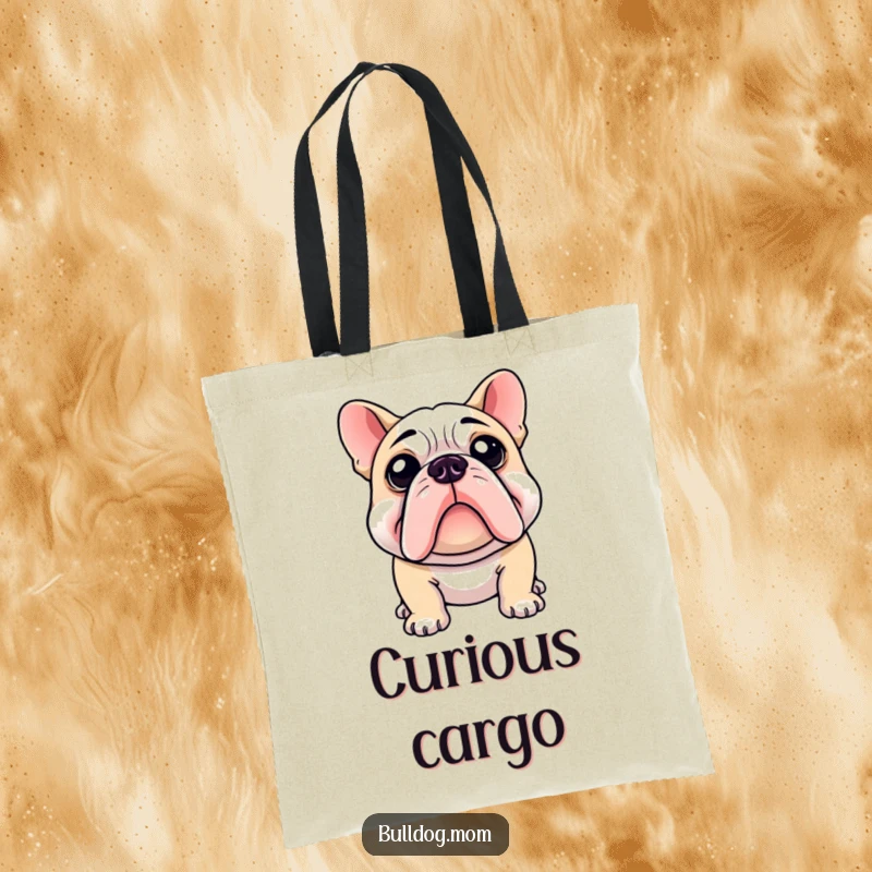 Funny tote bag showing a bulldog with a curious head tilt, ready to carry your belongings and your questions.