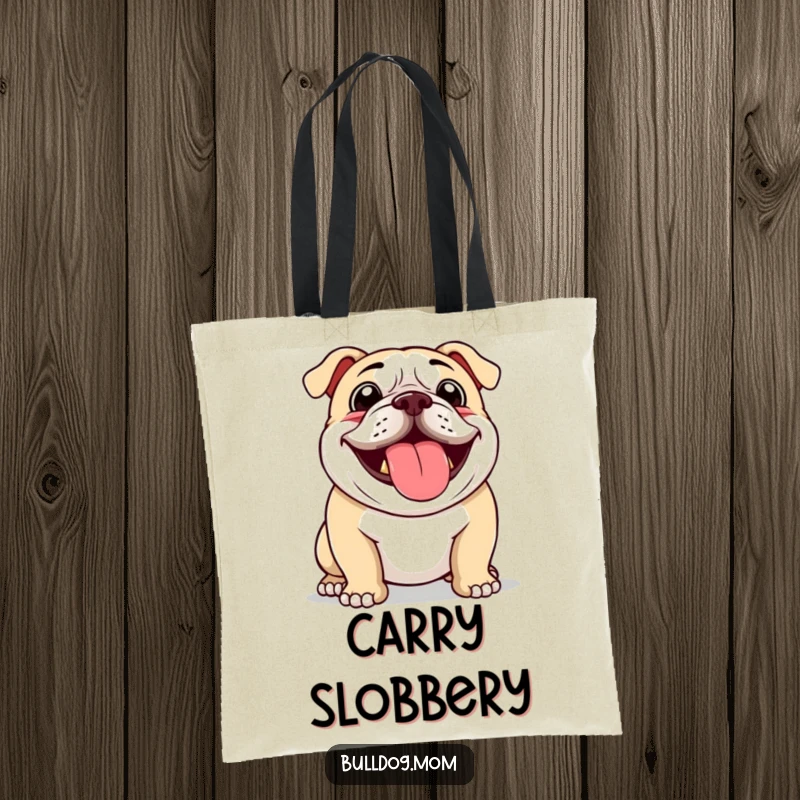 Funny tote bag showing a bulldog panting with a floppy tongue, ready to carry your essentials with enthusiasm.