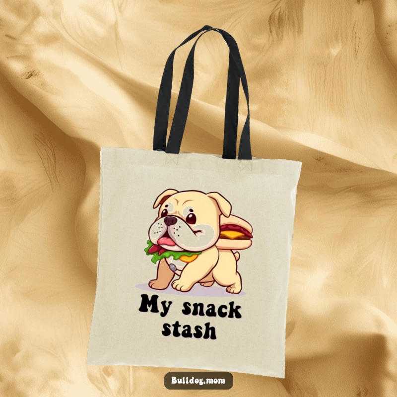 Funny tote bag with a happy bulldog waddling playfully with a large sandwich, ready for any errand.