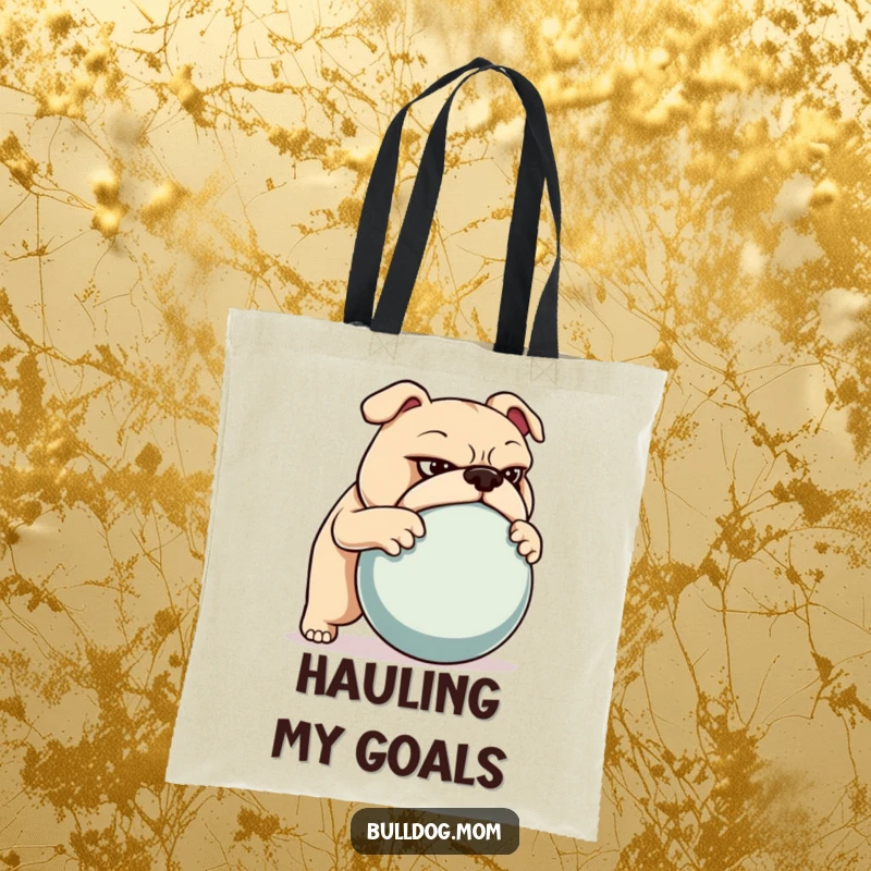 Funny tote bag featuring a determined bulldog pushing a large ball, symbolizing strength and purpose in carrying essentials.