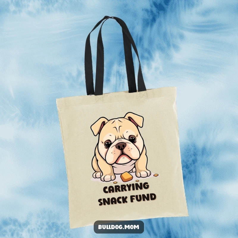 Funny tote bag featuring a bulldog intensely focused on a dropped treat, perfect for carrying essentials with humorous intent.