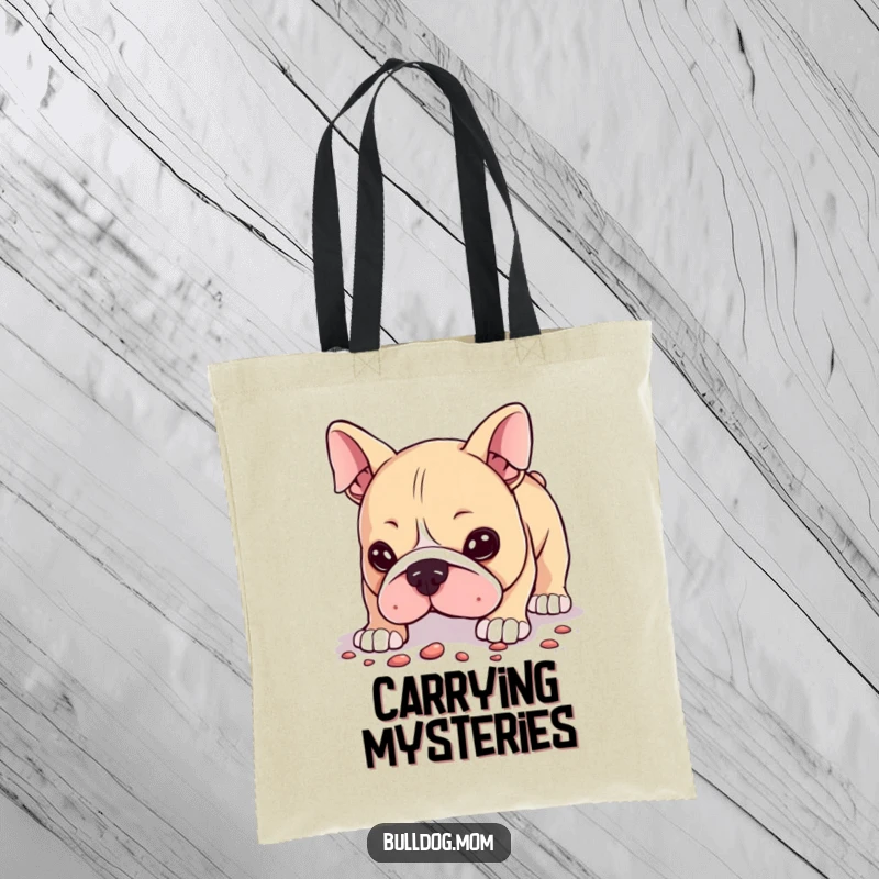 Funny Tote Bag with a Kawaii bulldog humorously sniffing the ground, its keen nose leading the way on an adventure.