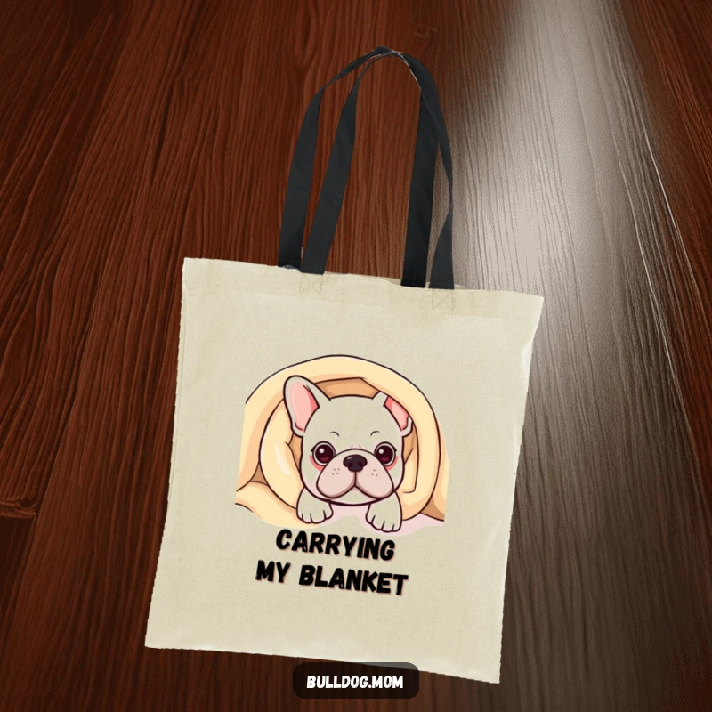 Funny Kawaii Bulldog Tote Bag showing a cute bulldog peeking from under a blanket, perfect for cozy errands.