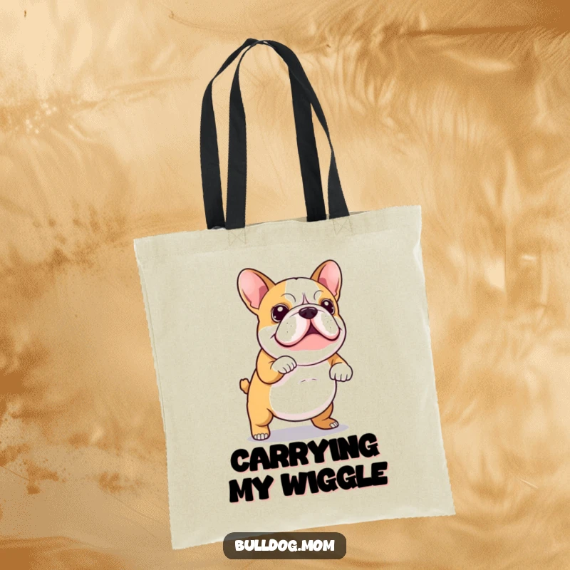 Funny Tote Bag designed with a Kawaii bulldog energetically doing a wiggly dance, its tail wagging, perfect for carrying essentials with a smile.
