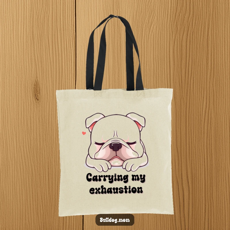 Funny Kawaii bulldog tote bag showcasing a content dog sighing as it settles down for a nap, perfect for relaxing outings.