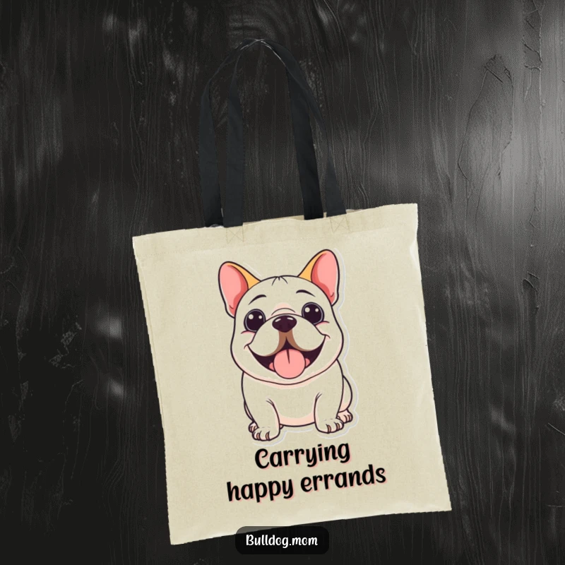 Funny Kawaii Bulldog Tote Bag with a cute bulldog panting happily and wearing a big, contagious smile.