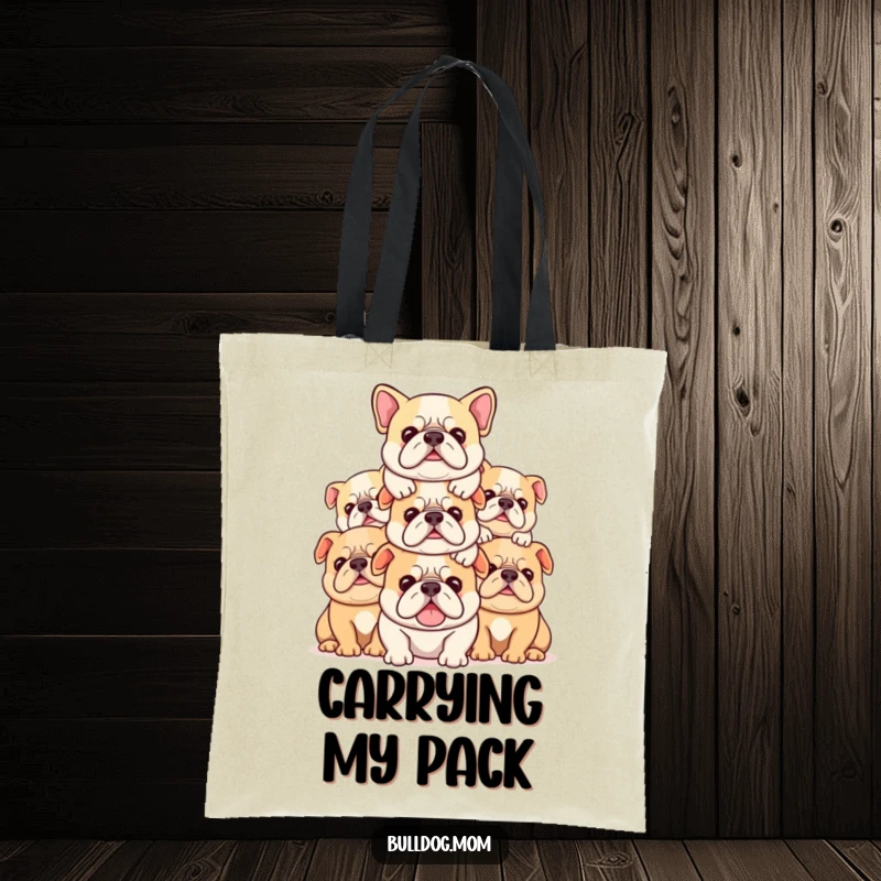 Funny Kawaii bulldog tote bag showcasing a stack of cute pups piled contentedly on top of each other, a humorous accessory.