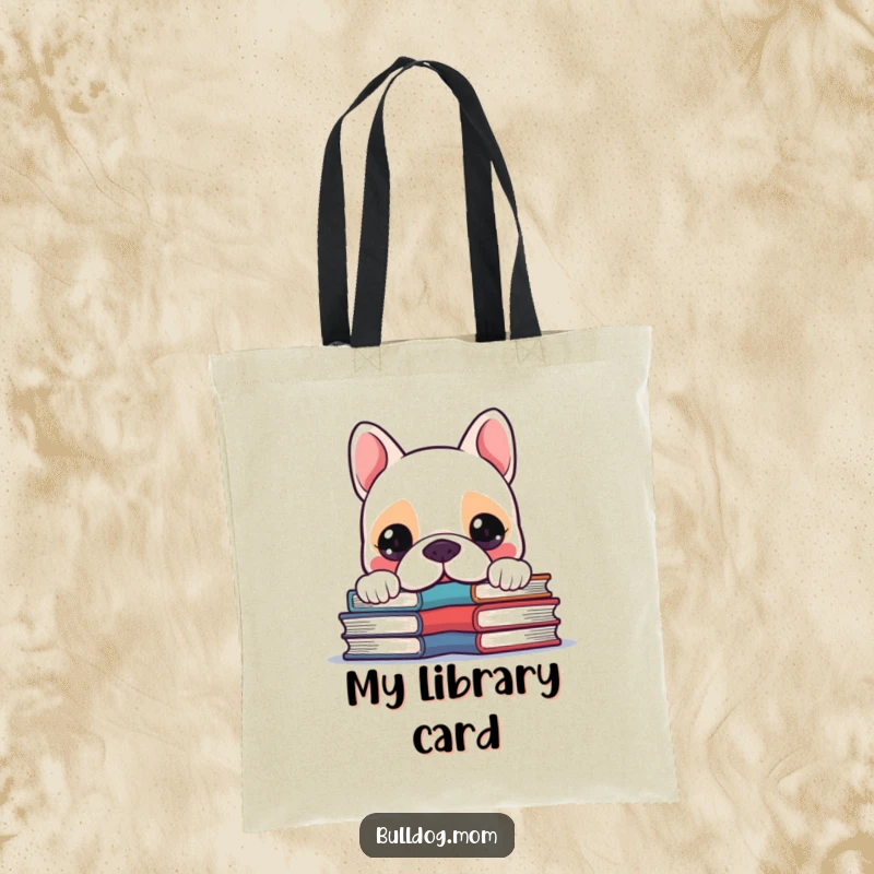 Funny Kawaii Bulldog peeking over a wobbly stack of books, a charming and humorous tote bag.