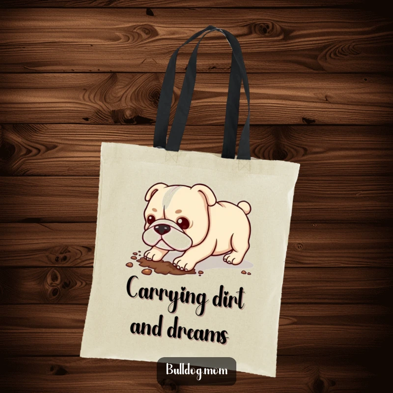 Funny Kawaii Bulldog Tote Bag: A cute bulldog digging with enthusiasm, practical for shopping.