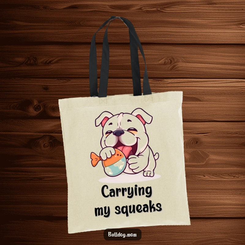 Funny Kawaii Bulldog Tote Bag: A cute bulldog enthusiastically wrestling a squeaky toy, perfect for carrying groceries or daily essentials.