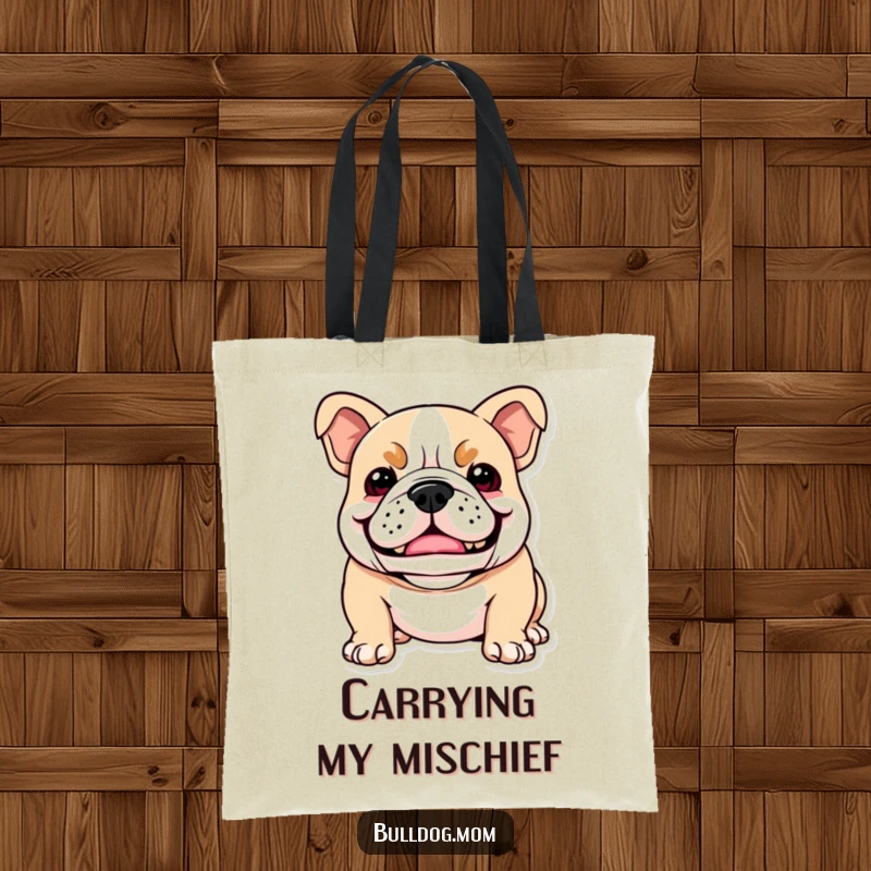Funny Kawaii Bulldog tote bag featuring a dog with a playful snarl that looks like a happy smile, great for daily errands.