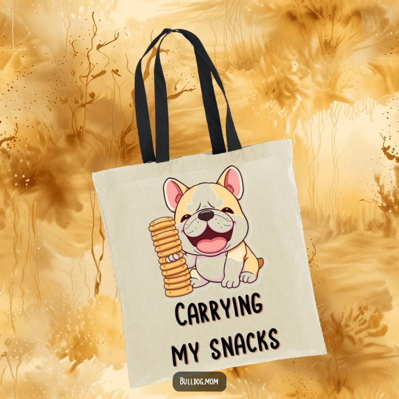 Funny Kawaii Bulldog tote bag, illustrating a dog in mid-snort laugh, balancing a stack of biscuits, a humorous and charming accessory.