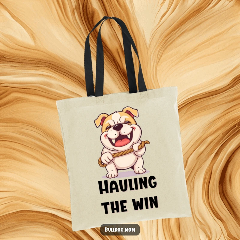 Funny Kawaii Bulldog tote bag with a happy grunt, playing tug-of-war with a rope, great for errands and playful strength.