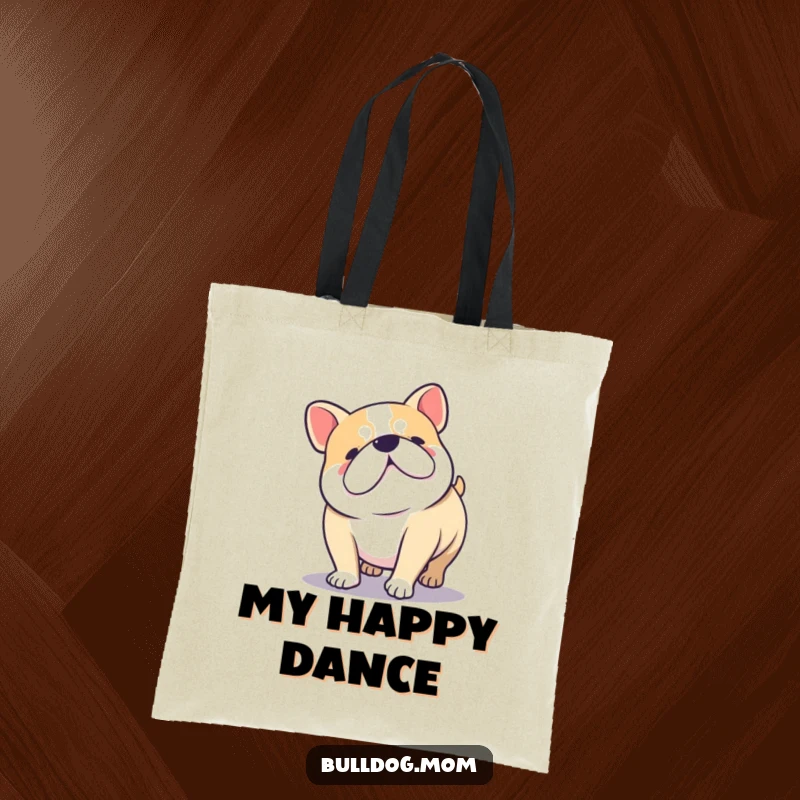 Funny Kawaii Bulldog doing a happy full-body wiggle with its short legs, a humorous and practical tote.