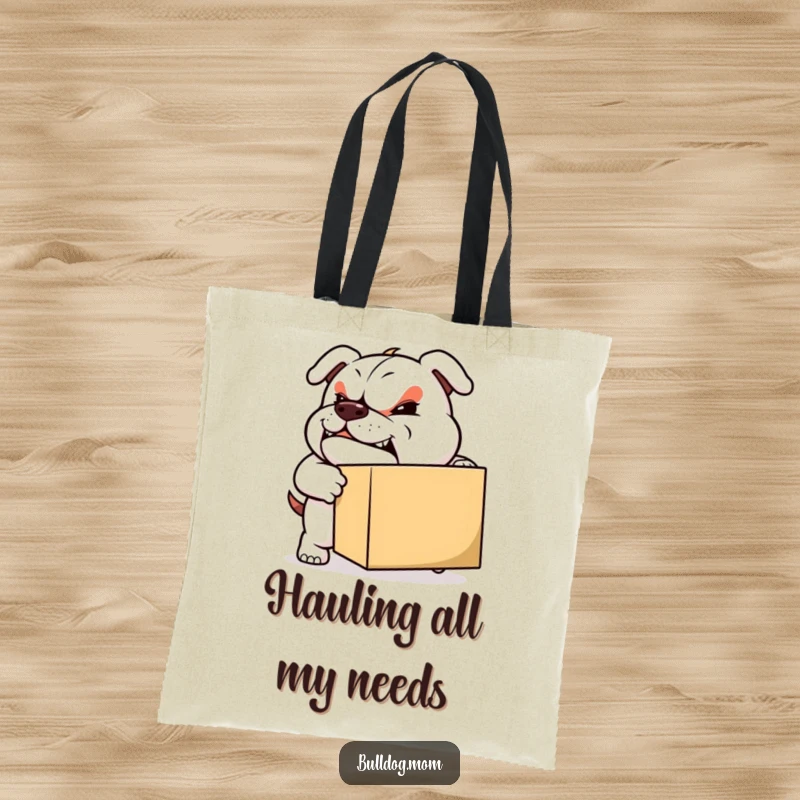 Funny Moving Bulldog Tote Bag: A determined bulldog with a grin pushes a box, showcasing strength and the ability to carry burdens.