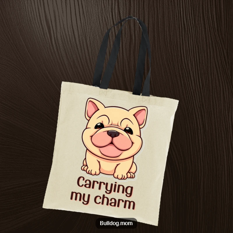 Funny tote bag highlighting a stocky dog with a very happy, wrinkled face, perfect for groceries or daily adventures.