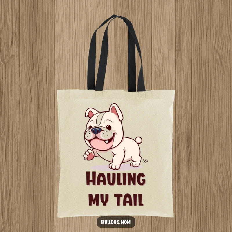 Funny Kawaii Bulldog Tote Bag: A cute bulldog comically chasing its own tail, perfect for stylish and humorous everyday use.