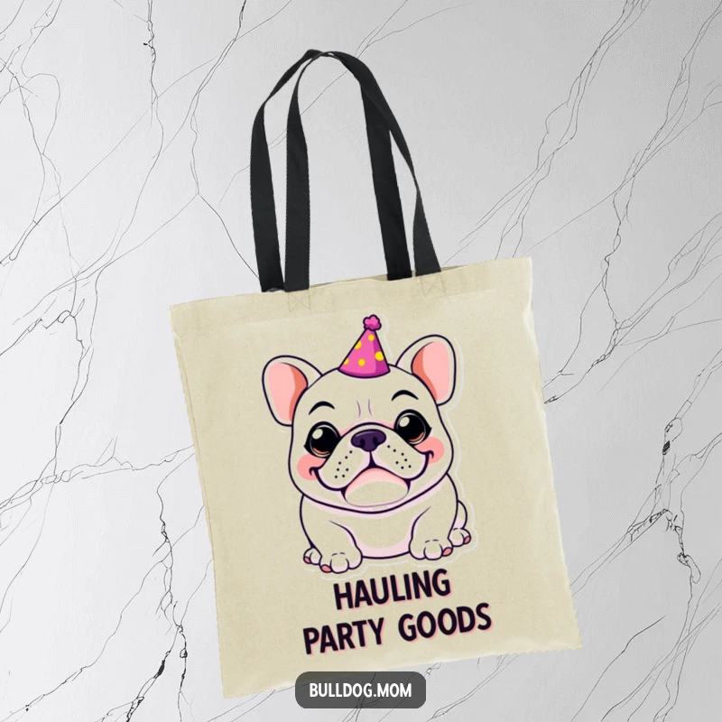 Funny Kawaii Bulldog tote bag, featuring a dog in a miniature party hat with an enormous, goofy grin, ready for any festive occasion.