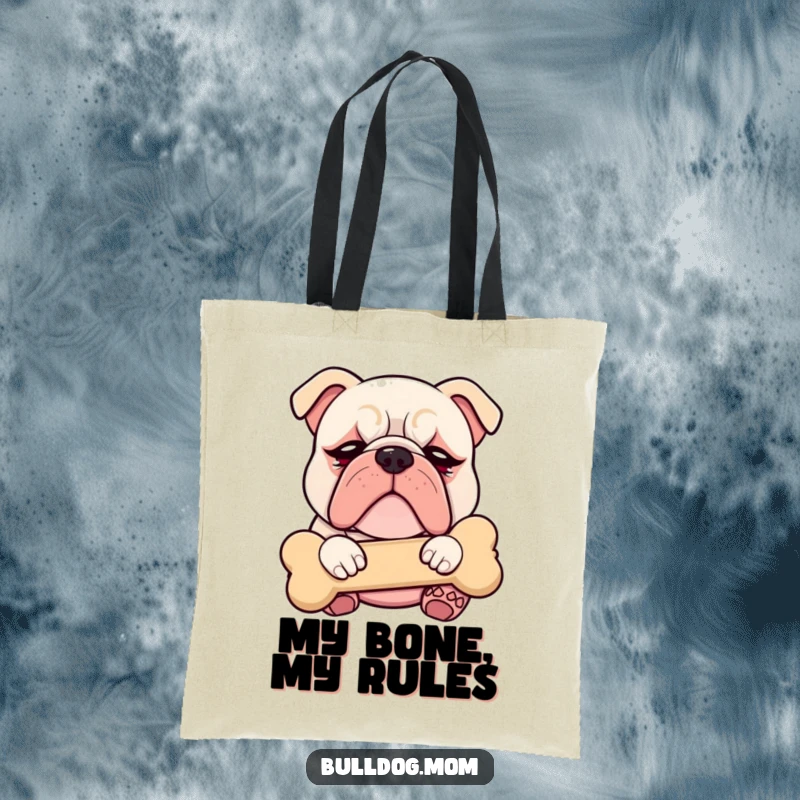 Funny Kawaii Bulldog tote bag with droopy eyes, blissfully cuddling a plush bone, perfect for carrying essentials with cute charm.