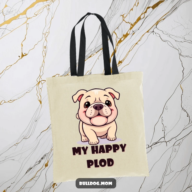 Funny Kawaii Bulldog tote bag, a happy dog with a jowly grin happily plodding with a wagging tail, perfect for daily use.