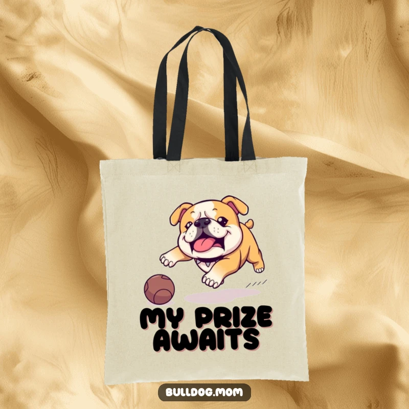 Funny Kawaii Bulldog tote bag, illustrating a determined waddle and intense focus on a rolling ball, perfect for a humorous carry-all.