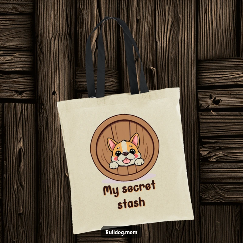 Funny Bulldog tote bag with a happy dog peeking from behind a barrel. Ideal for a funny gift and everyday use.