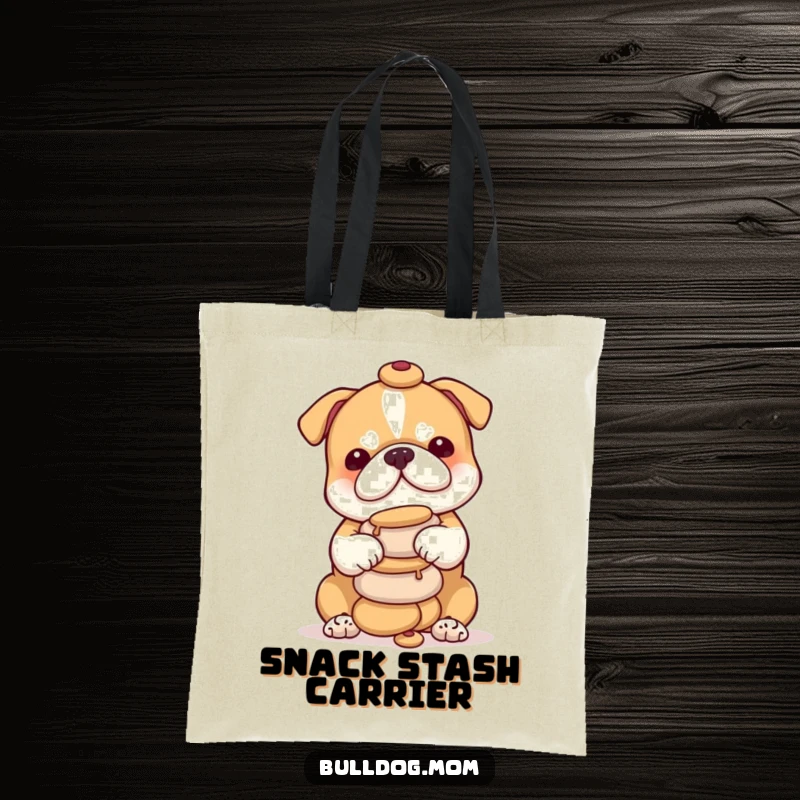 Funny bulldog cub tote bag showcasing a cute puppy with a determined look, successfully balancing a tower of round snacks.