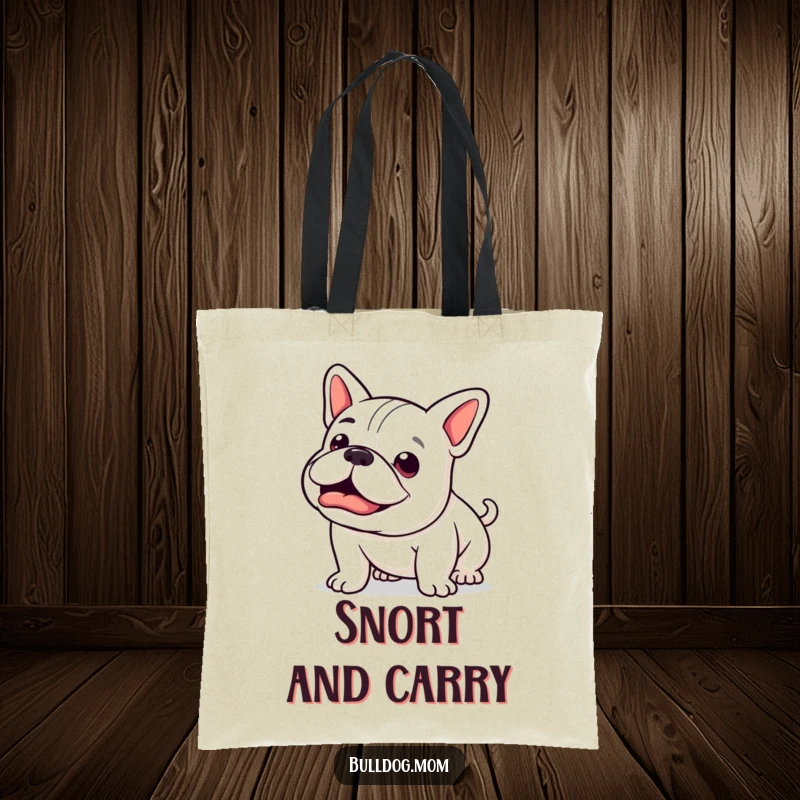 Funny Kawaii Bulldog Tote Bag: A cute bulldog mid-happy snort, stubby tail wagging, perfect for carrying daily items with joy.