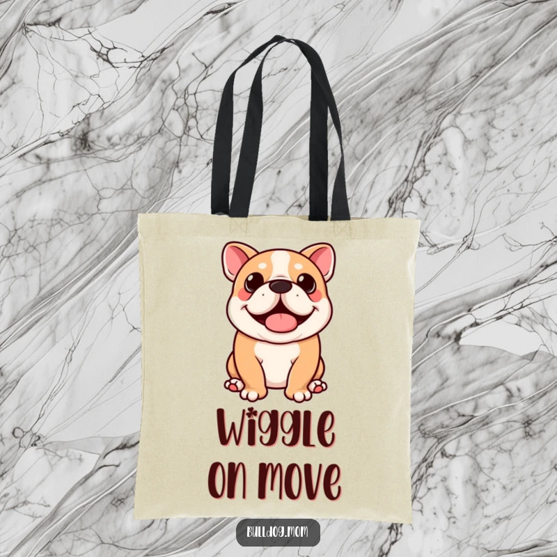 Funny Kawaii Bulldog Tote Bag: Spacious bag featuring a cute dog doing a full-body happy wiggle, perfect for carrying joyful items.